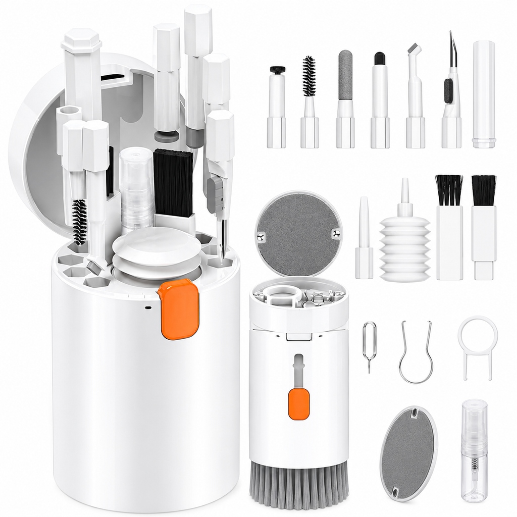 Every part of the Grabbit ToolPod 20 laid out on white: the twist-open case, brush base, air blower, screen spray, microfibre pads, precision brushes, key extractor and SIM pin